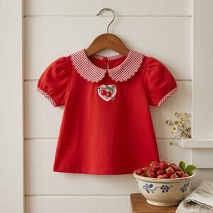 Vintage 1980s Healthtex Red Cherry Gingham Cottagecore Toddler Blouse | Size 5